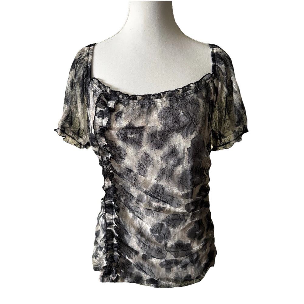 AB Studio Sheer Black Lace‎ Ruched Top Size L Romantic Ruffle Mesh Overlay Goth